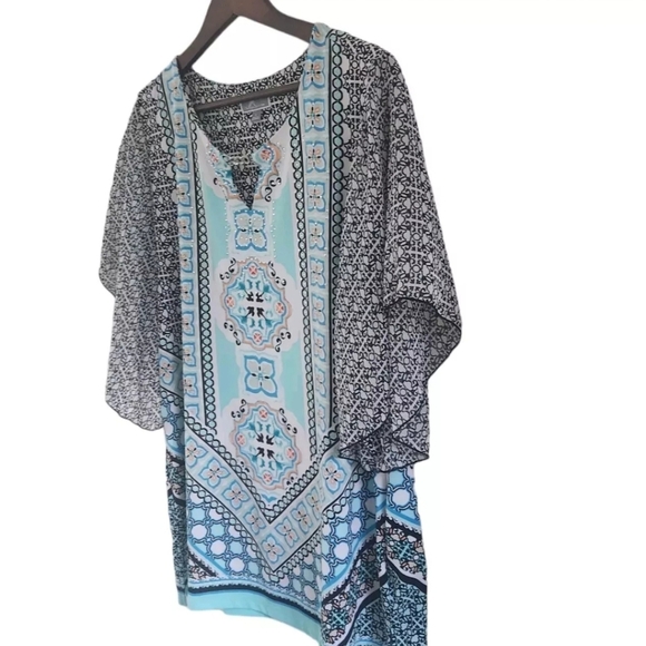 JM Collection Geometric Blue Black Tunic Top Rhinestones Women Size Large New - Picture 5 of 7